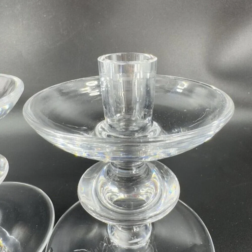 1950s‎ Val Saint Lambert Clear Glass Candlestick Holder Votive Set 2 Signed VTG